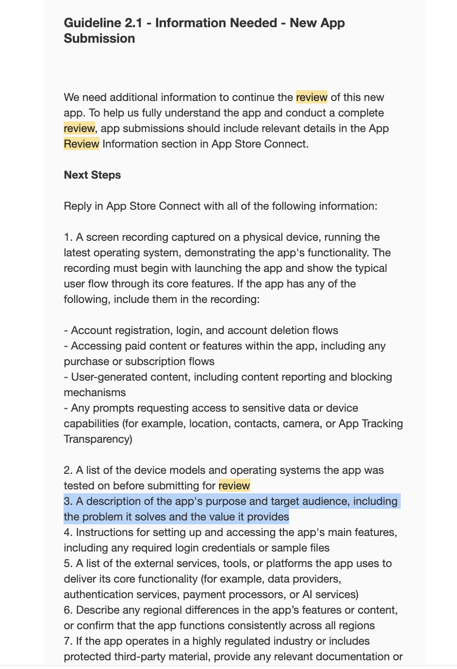 App Store Connect rejection message citing guideline 2.1