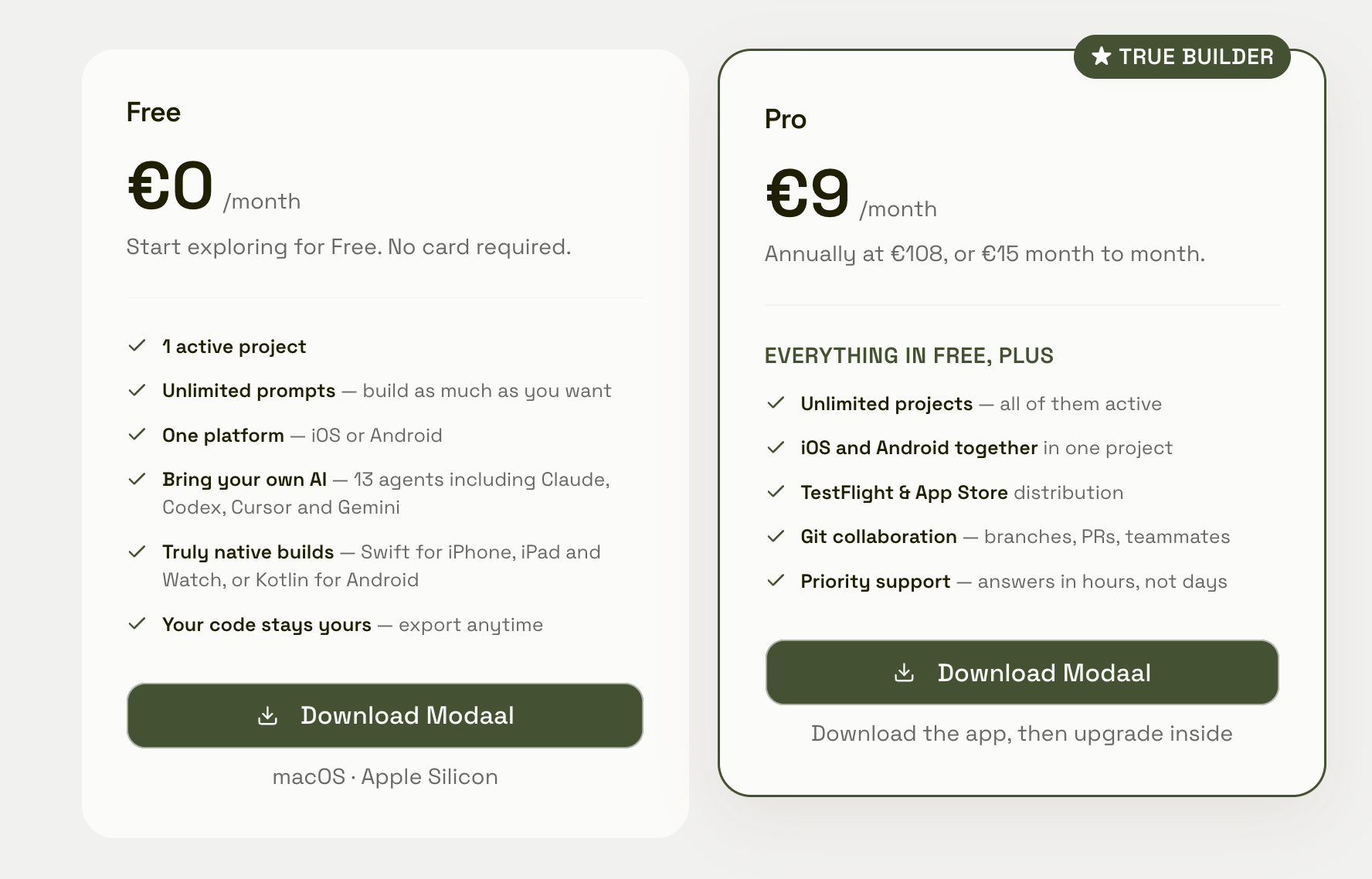 Modaal pricing cards: Free at €0 a month with unlimited prompts and bring-your-own-AI, and Pro at €9 a month billed annually