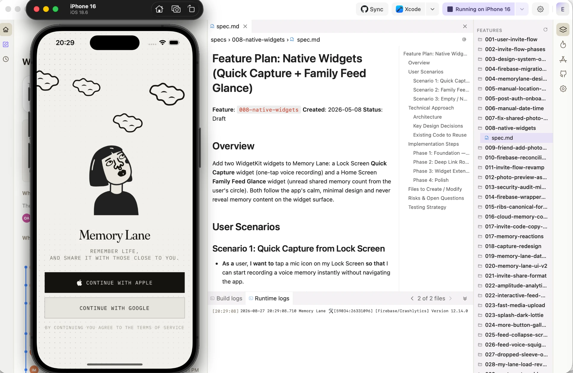 Geteilter Bildschirm: links der Login-Screen einer iOS-App, rechts der Feature-Plan, den der KI-Agent in Modaal erstellt hat