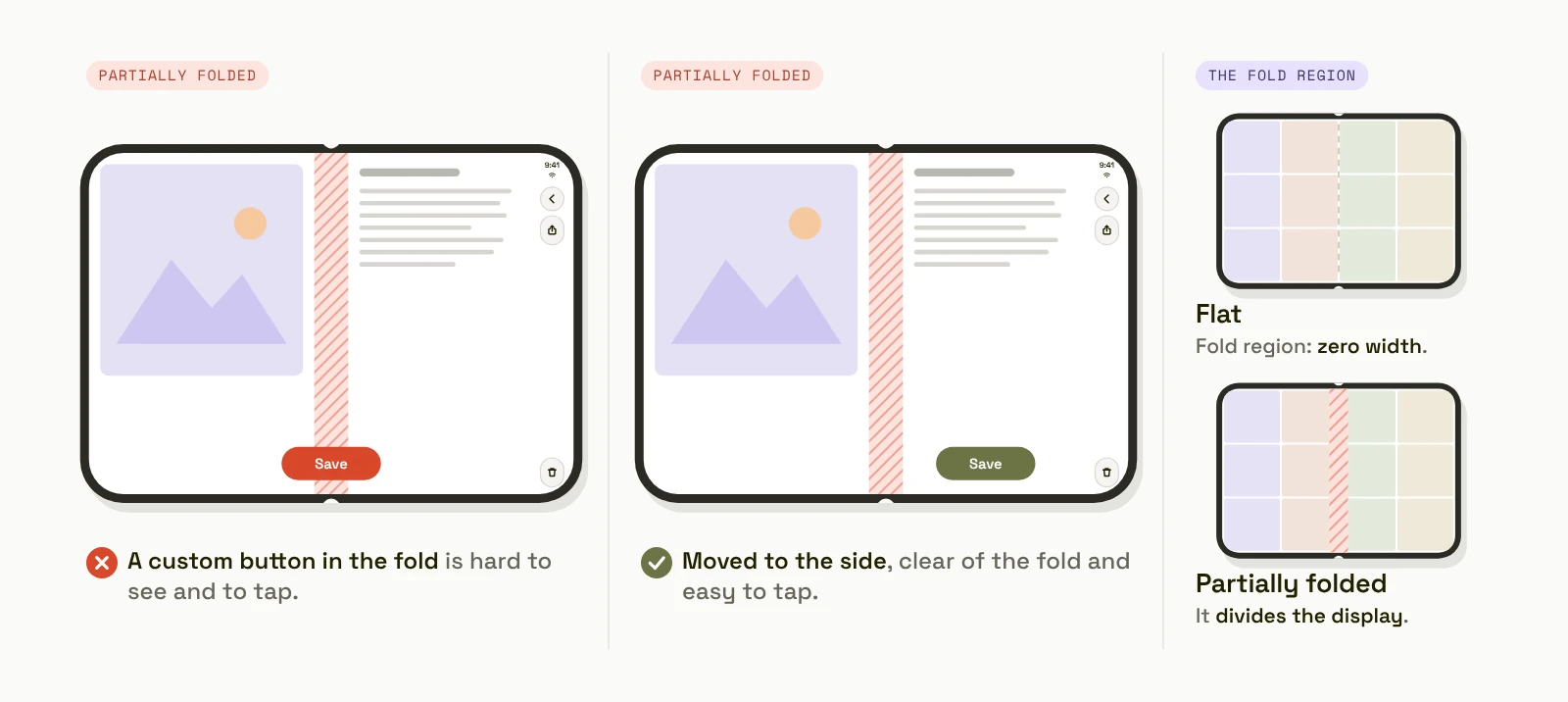 Partially folded iPhone Duo: a custom Save button placed in the fold region, and the same button moved to the right side; the fold region has zero width when the phone is flat