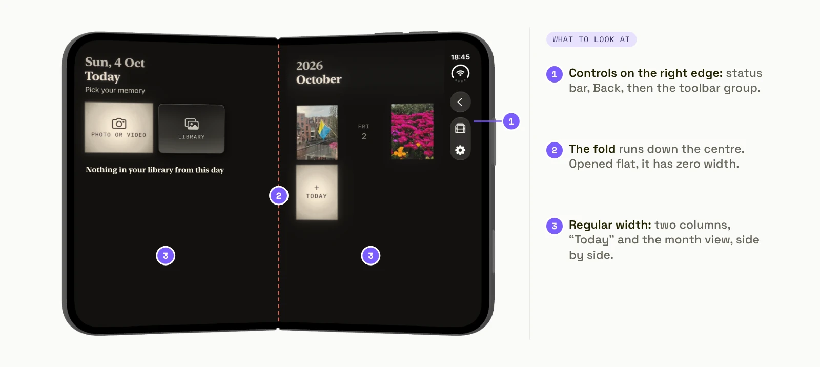 Memory Lane on the inner display of the iPhone Duo simulator in Xcode 27.1 beta, with the status bar and toolbar on the right edge and two columns side by side