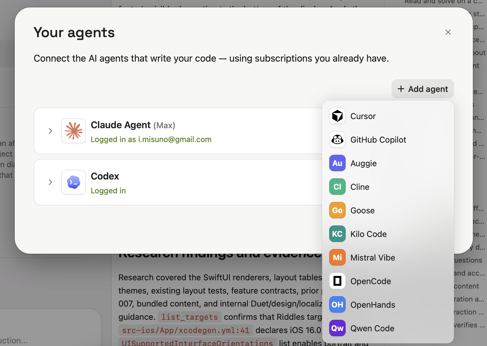 Modaal’s build agent picker listing Claude, Codex, Cursor, Gemini and other agents